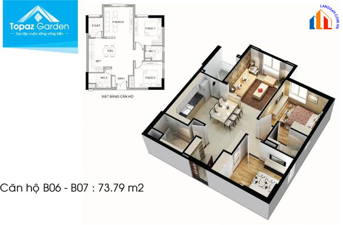 Căn B6-B7 diện tích 73,8m2 thiết kế 2 phòng ngủ