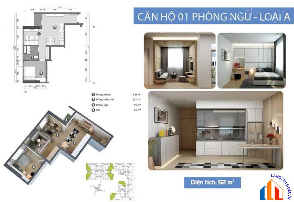 Căn A thiết kế 1 phòng ngủ – diện tích 52m2