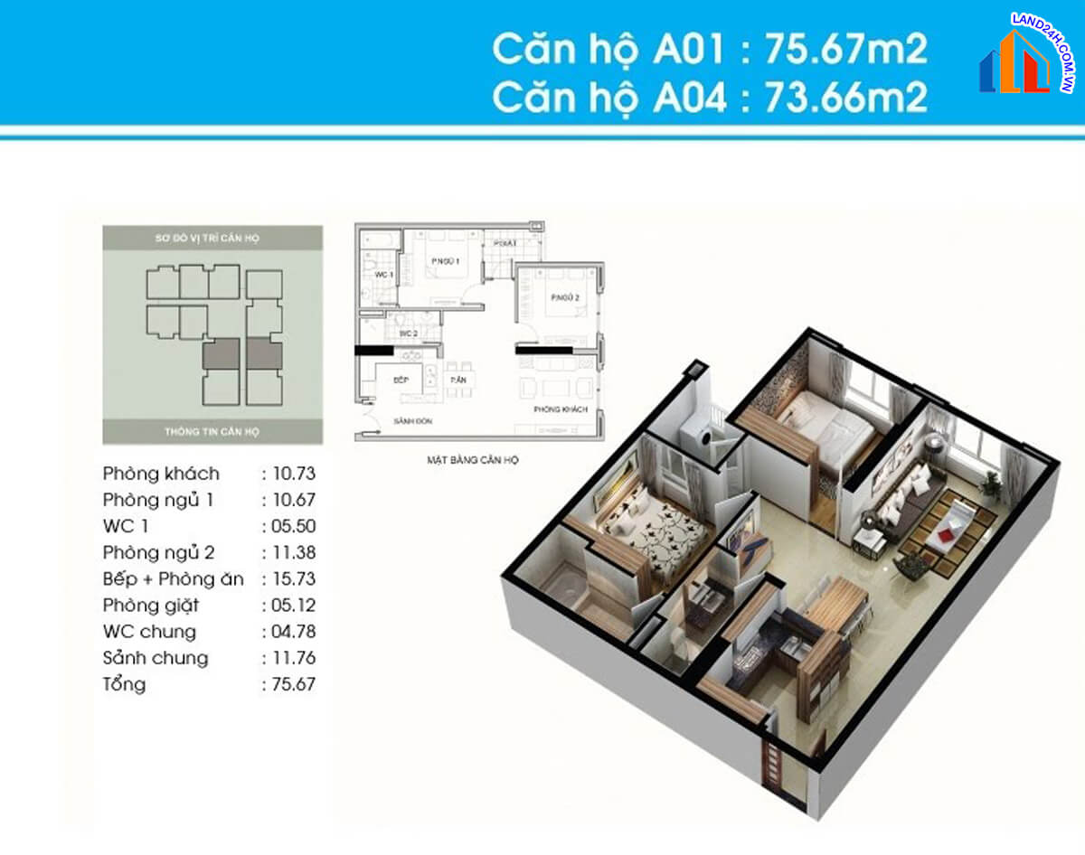 Căn A1-A4 diện tích 75,6m2 thiết kế 2 phòng ngủ