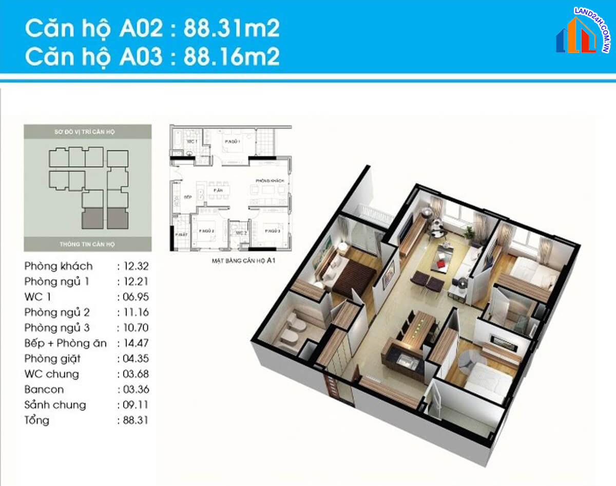 Căn A2-A3 diện tích 88,2m2 thiết kế 3 phòng ngủ