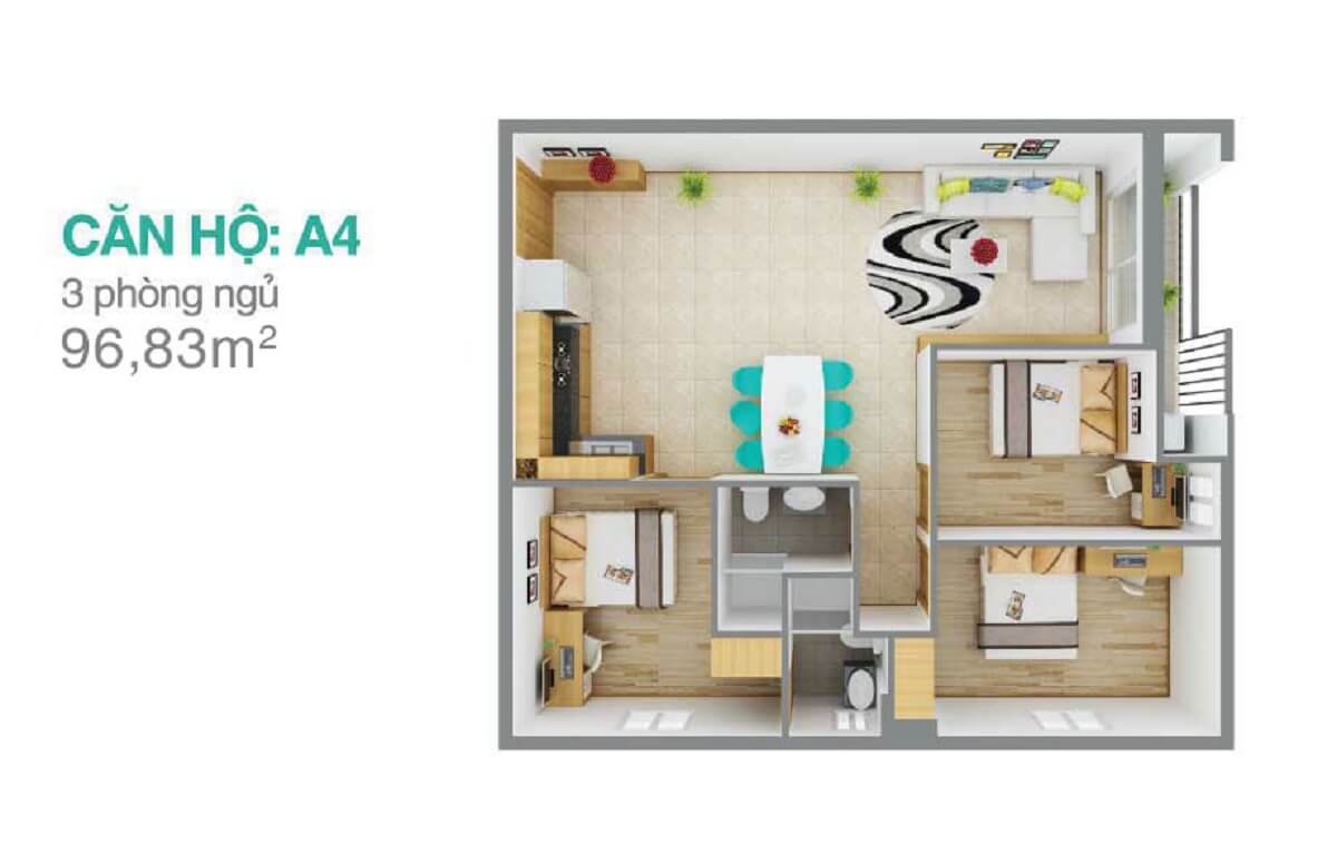 Căn A4 thiết kế 3 phòng ngủ – diện tích 96,83m2