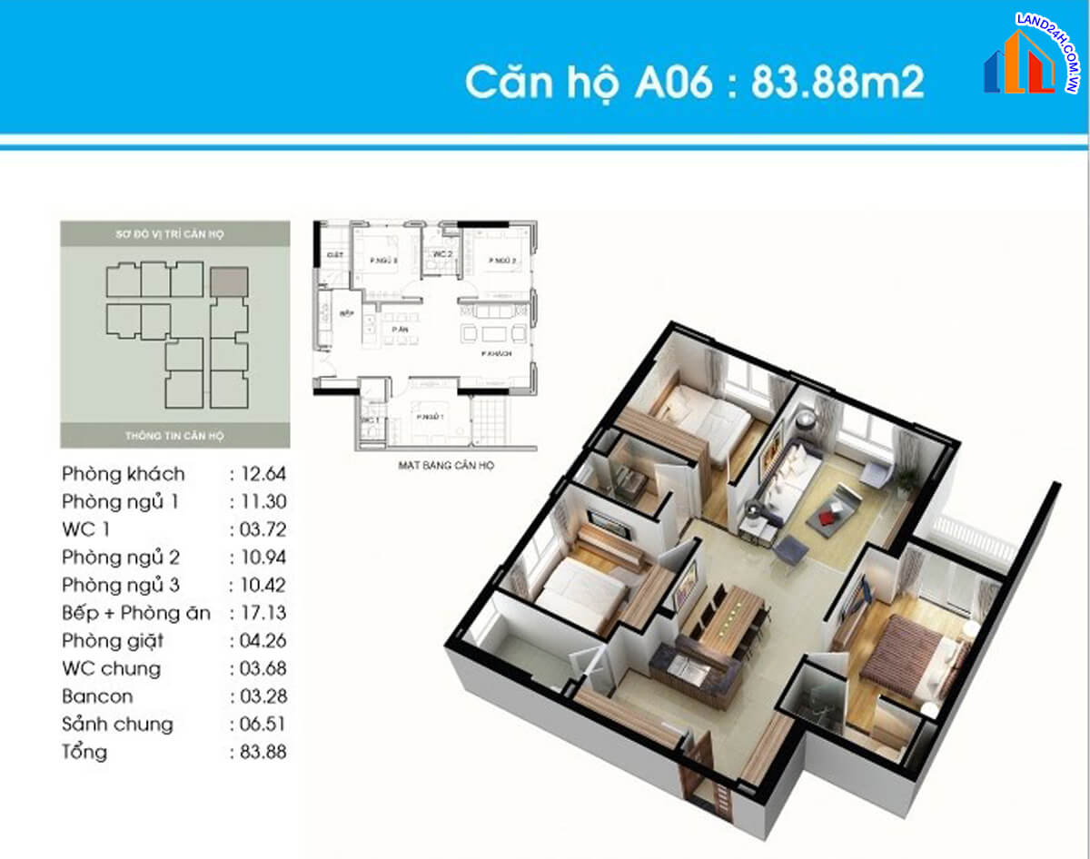 Căn A6 diện tích 83,8m2 thiết kế 3 phòng ngủ