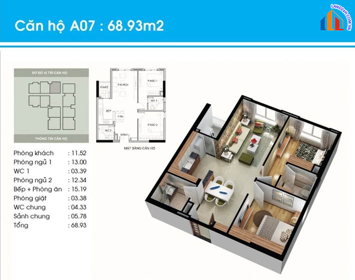 Căn A7 diện tích 68,9m2 thiết kế 2 phòng ngủ