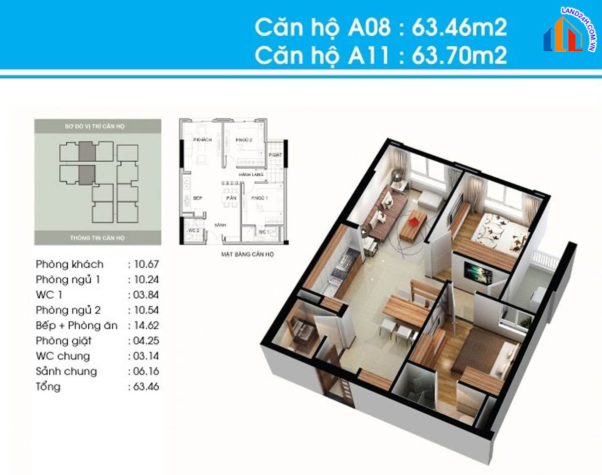 Căn A8-A11 diện tích 63,5m2 thiết kế 2 phòng ngủ