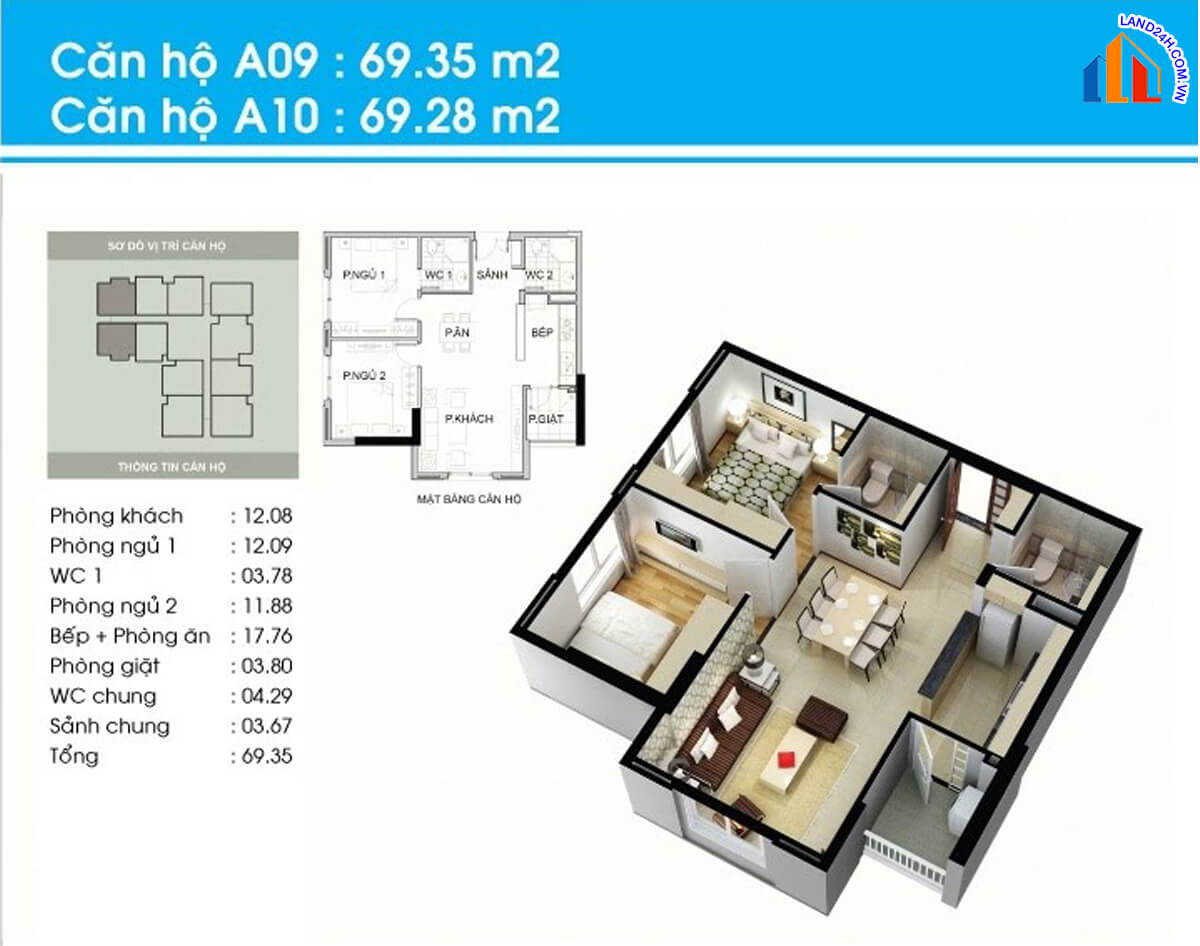 Căn A9-A10 diện tích 69,3m2 thiết kế 2 phòng ngủ