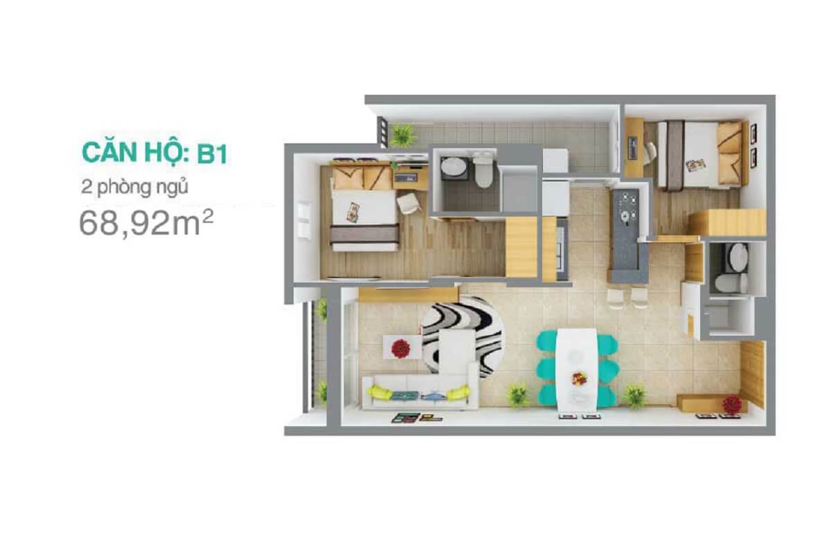 Căn B1 thiết kế 2 phòng ngủ – diện tích 68,92m2