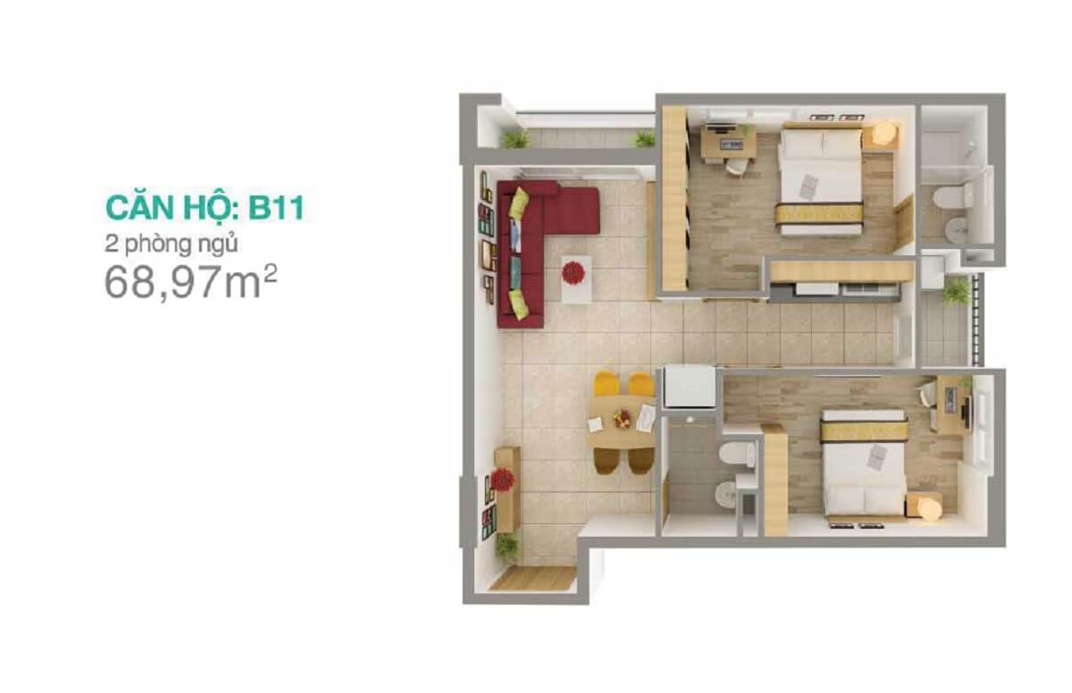 Căn B11 thiết kế 2 phòng ngủ – diện tích 68,97m2