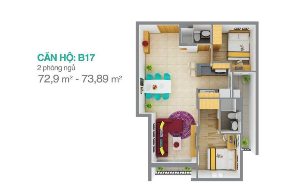 Căn B17 thiết kế 2 phòng ngủ – diện tích 72,9m2