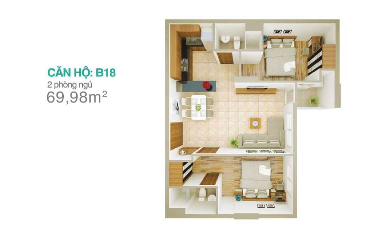 Căn B18 thiết kế 2 phòng ngủ – diện tích 69,98m2