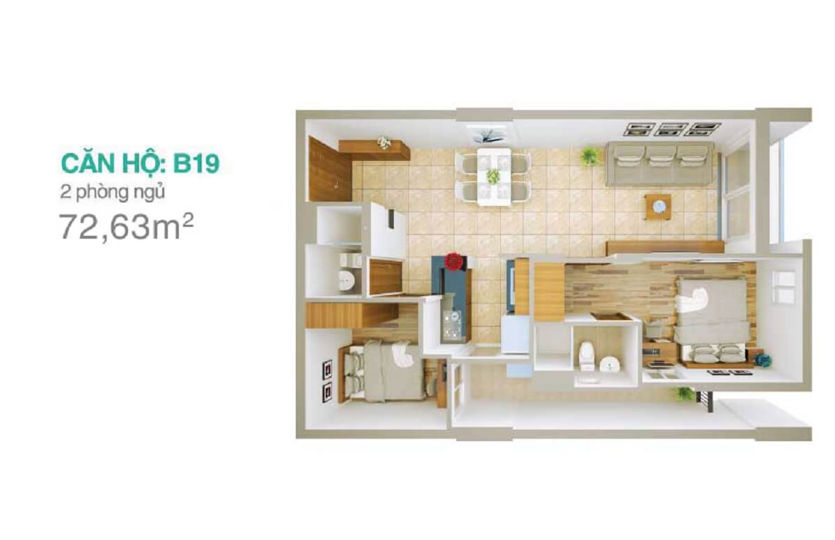 Căn B19 thiết kế 2 phòng ngủ – diện tích 72,63m2