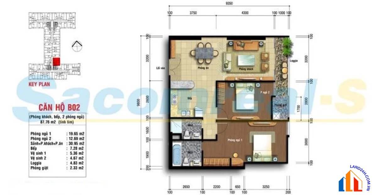Căn B2 thiết kế 2 phòng ngủ, diện tích 87.76m2 Carillon Apartment