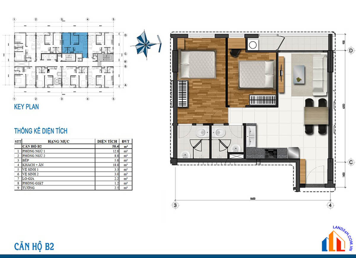 Căn B2 thiết kế 2 phòng ngủ, diện tích 58,4m2