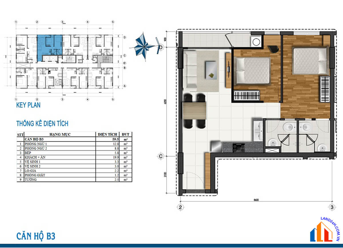 Căn B3 thiết kế 2 phòng ngủ, diện tích 59,5m2