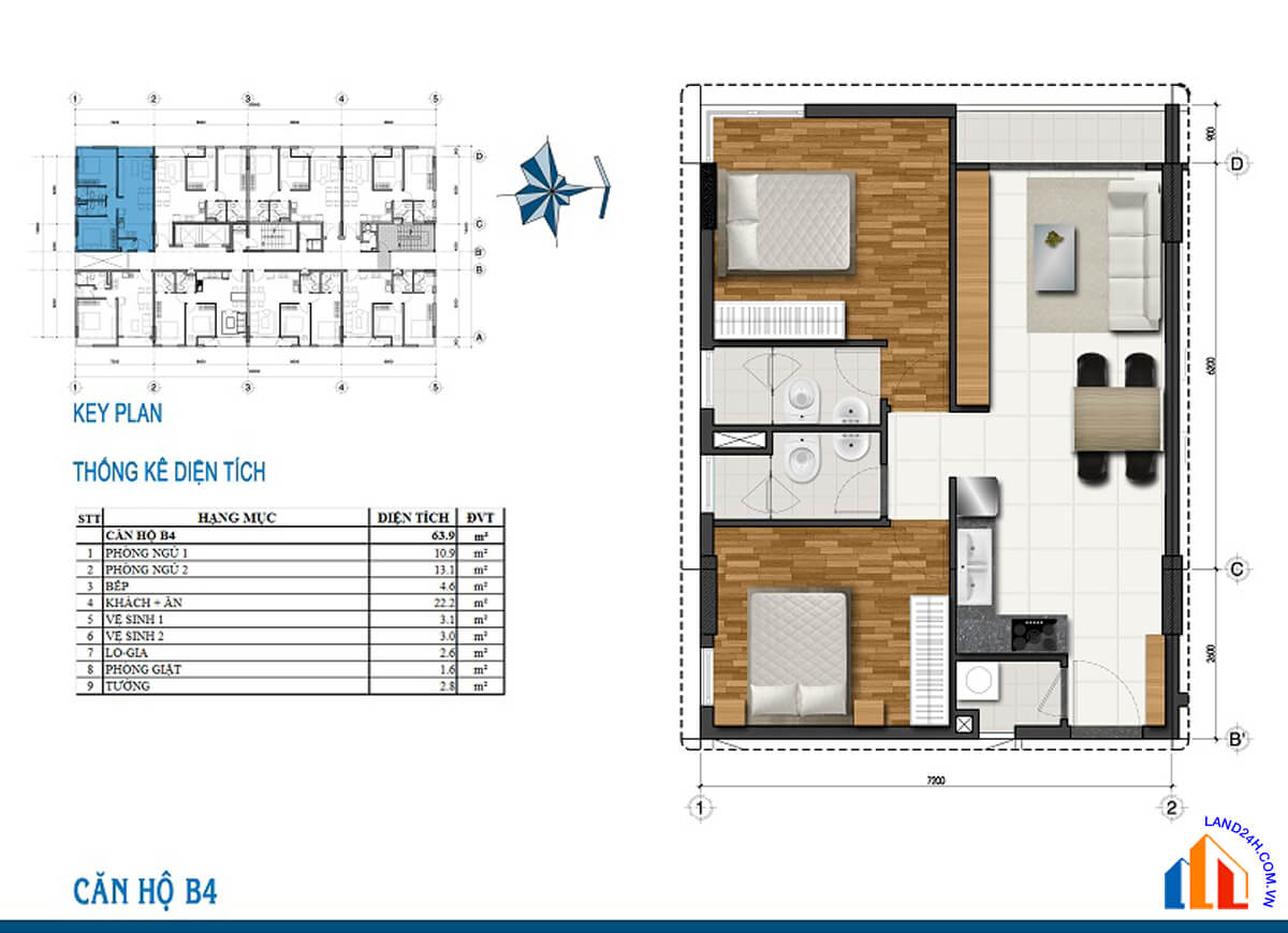 Căn B4 thiết kế 2 phòng ngủ, diện tích 63,9m2