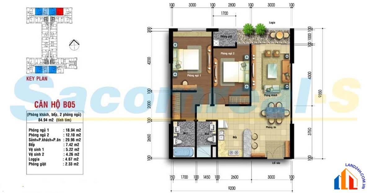 Căn B5 thiết kế 2 phòng ngủ, diện tích 84.94m2 Carillon Apartment