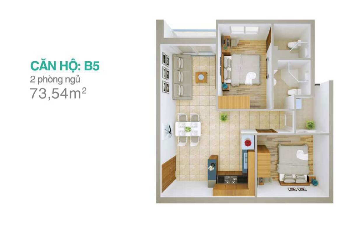 Căn B5 thiết kế 2 phòng ngủ – diện tích 73,54m2