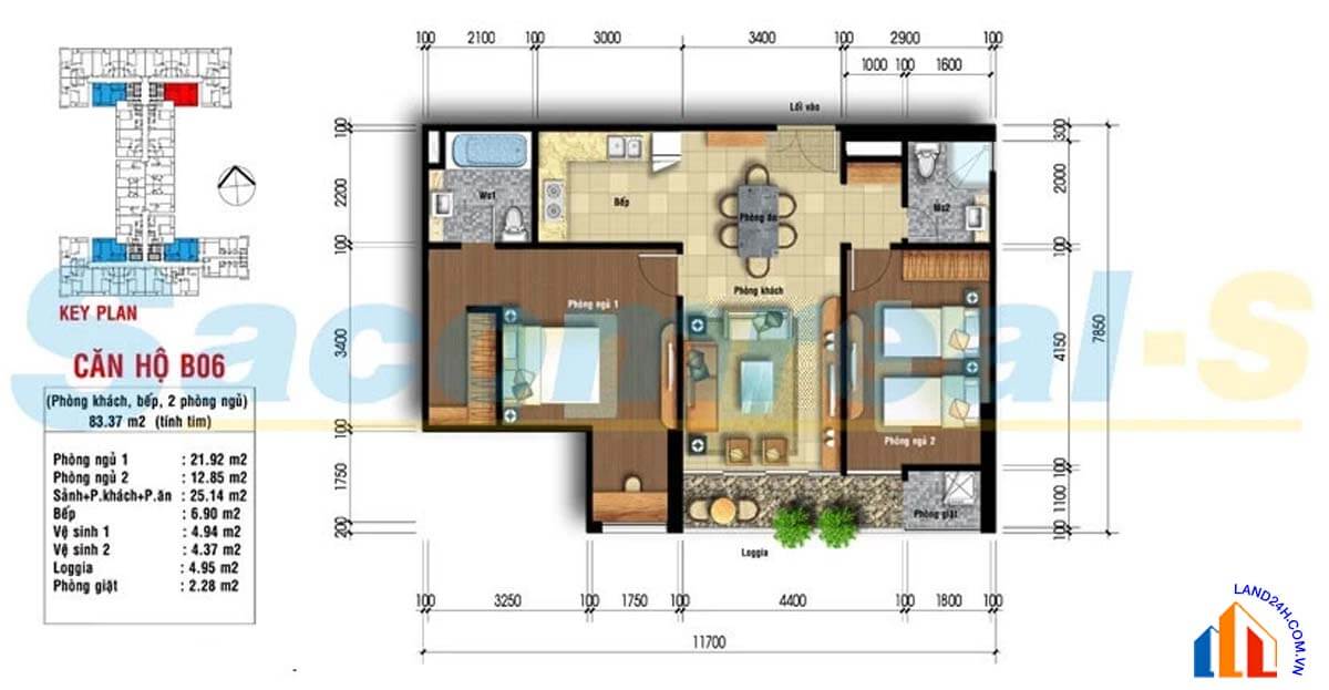 Căn B6 thiết kế 2 phòng ngủ, diện tích 83.37m2 Carillon Apartment