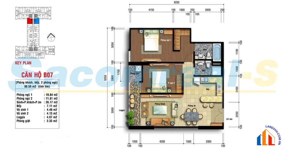 Căn B7 thiết kế 2 phòng ngủ, diện tích 80.59m2 Carillon Apartment