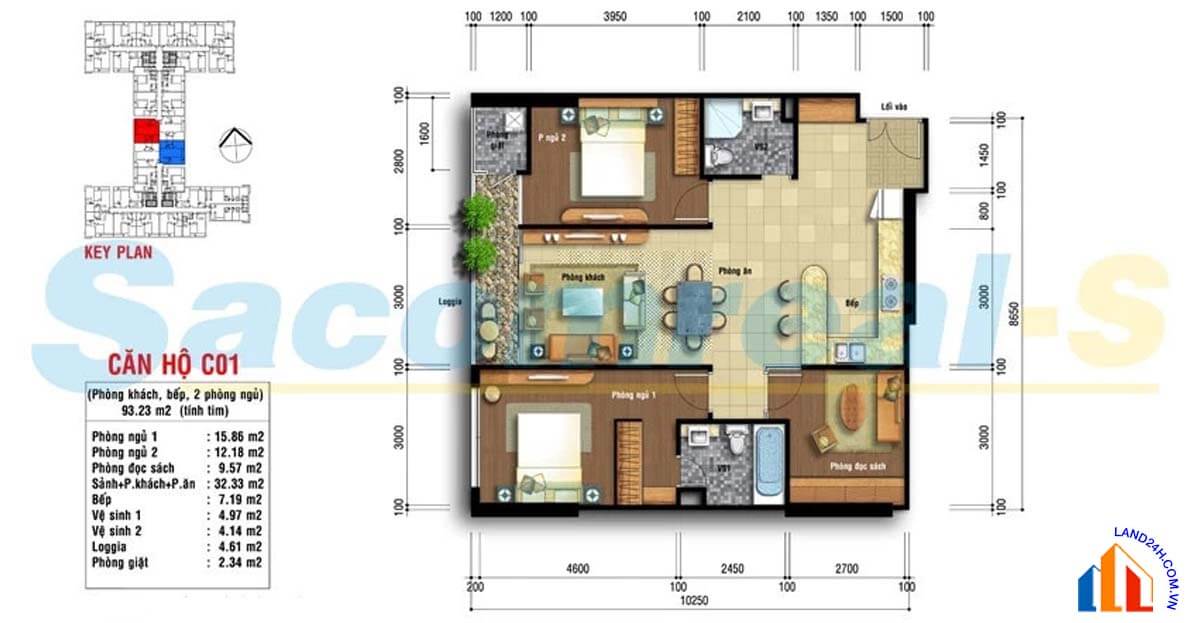 Căn C1 thiết kế 2+1 phòng ngủ, diện tích 93.23m2 Carillon Apartment