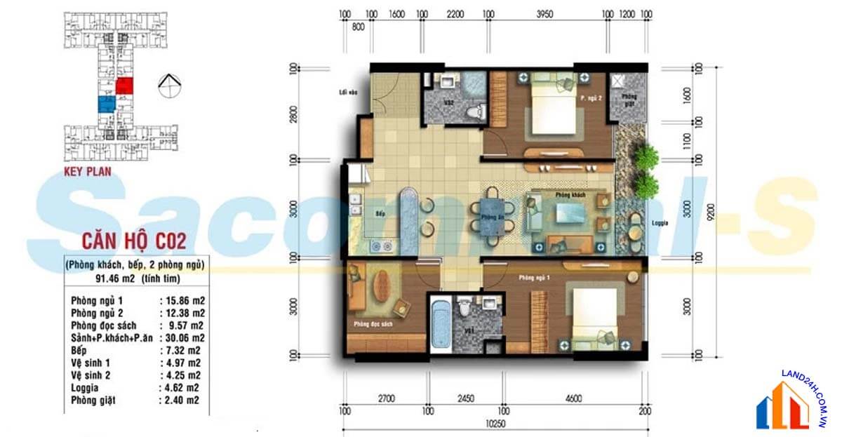 Căn C2 thiết kế 2+1 phòng ngủ, diện tích 91.46m2 Carillon Apartment