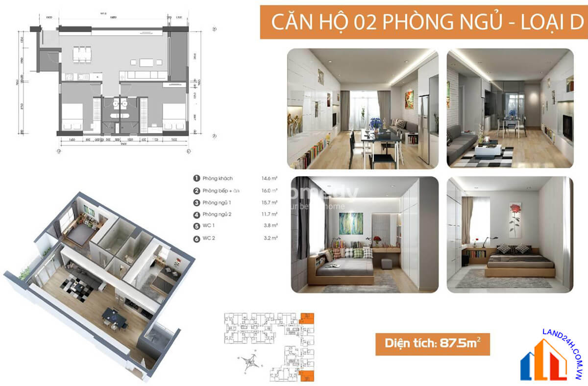 Căn D thiết kế 2 phòng ngủ – diện tích 87,5m2