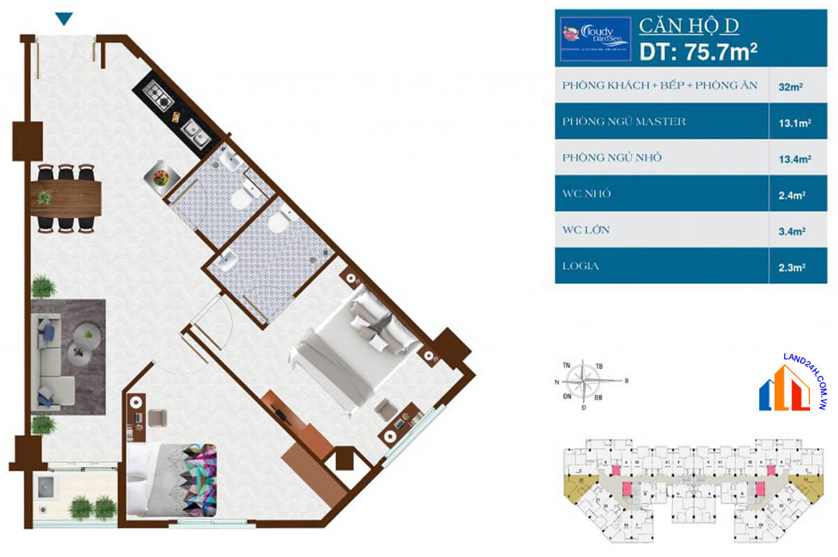 Căn D diện tích 75,7m2 thiết kế 2 phòng ngủ chung cư Đại Thành Tân Phú