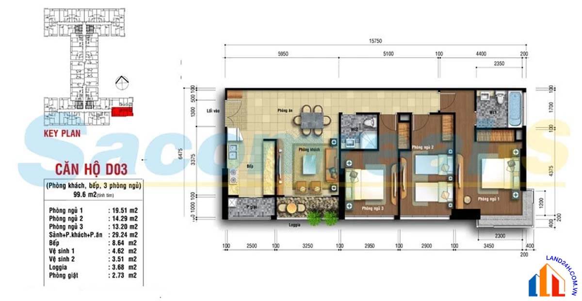 Căn D3 thiết kế 3 phòng ngủ, diện tích 99.6m2 Carillon Apartment