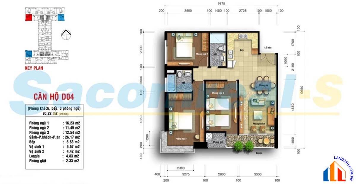 Căn D4 thiết kế 3 phòng ngủ, diện tích 90.22m2 Carillon Apartment