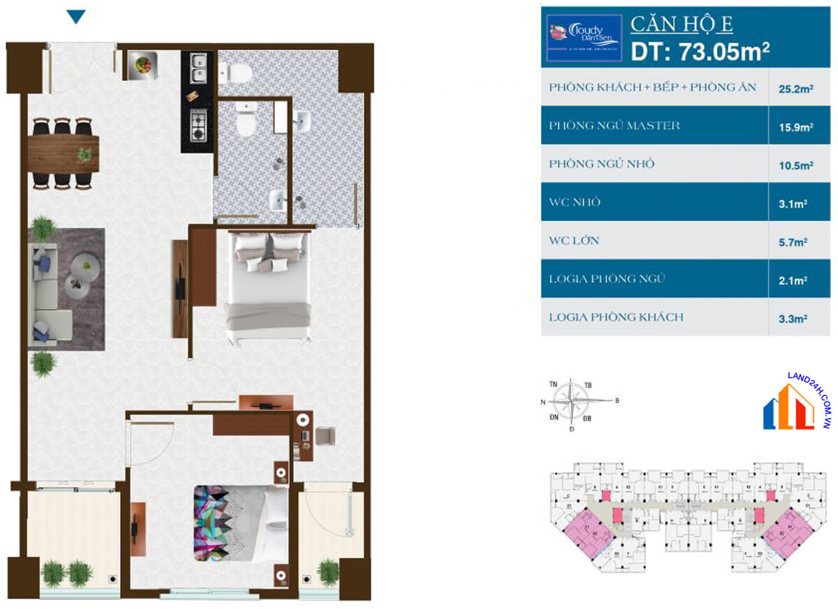 Căn D diện tích 73,05m2 thiết kế 2 phòng ngủ chung cư Đại Thành Tân Phú