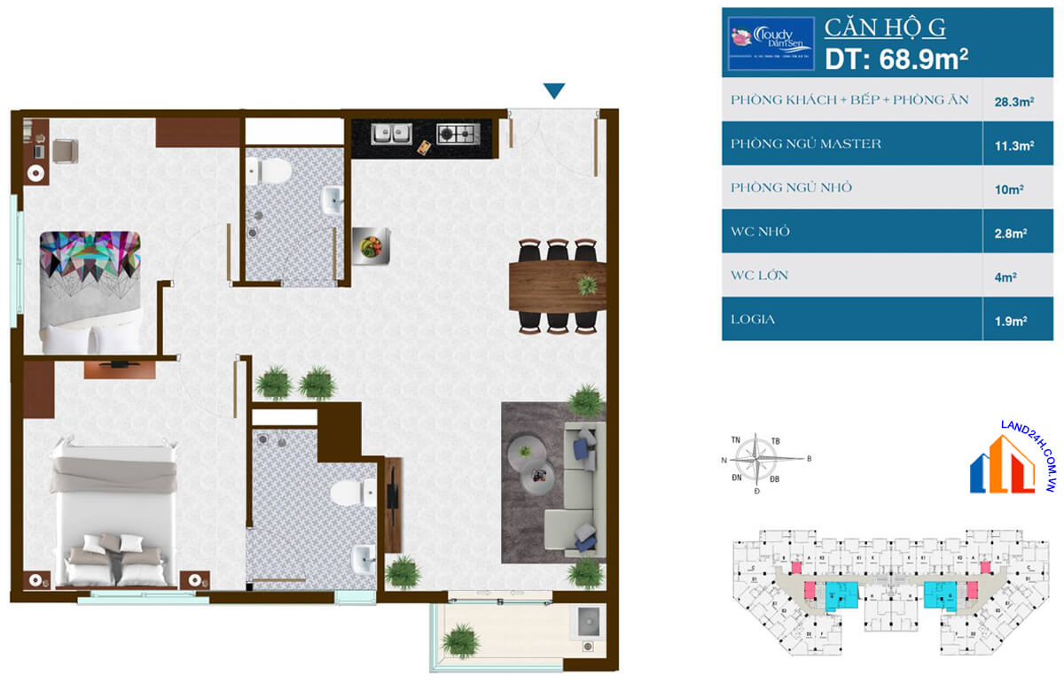 Căn G diện tích 68,9m2 thiết kế 2 phòng ngủ chung cư Đại Thành Tân Phú