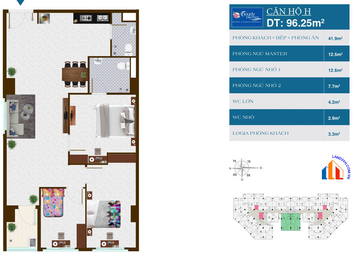 Căn H diện tích 96,25m2 thiết kế 3 phòng ngủ chung cư Đại Thành Tân Phú