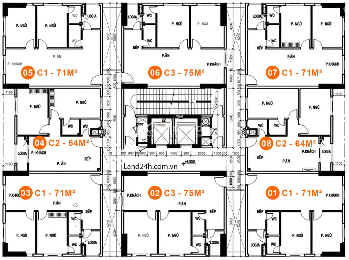 Mặt bằng Block C thiết kế 8 căn/tầng/2 thang máy