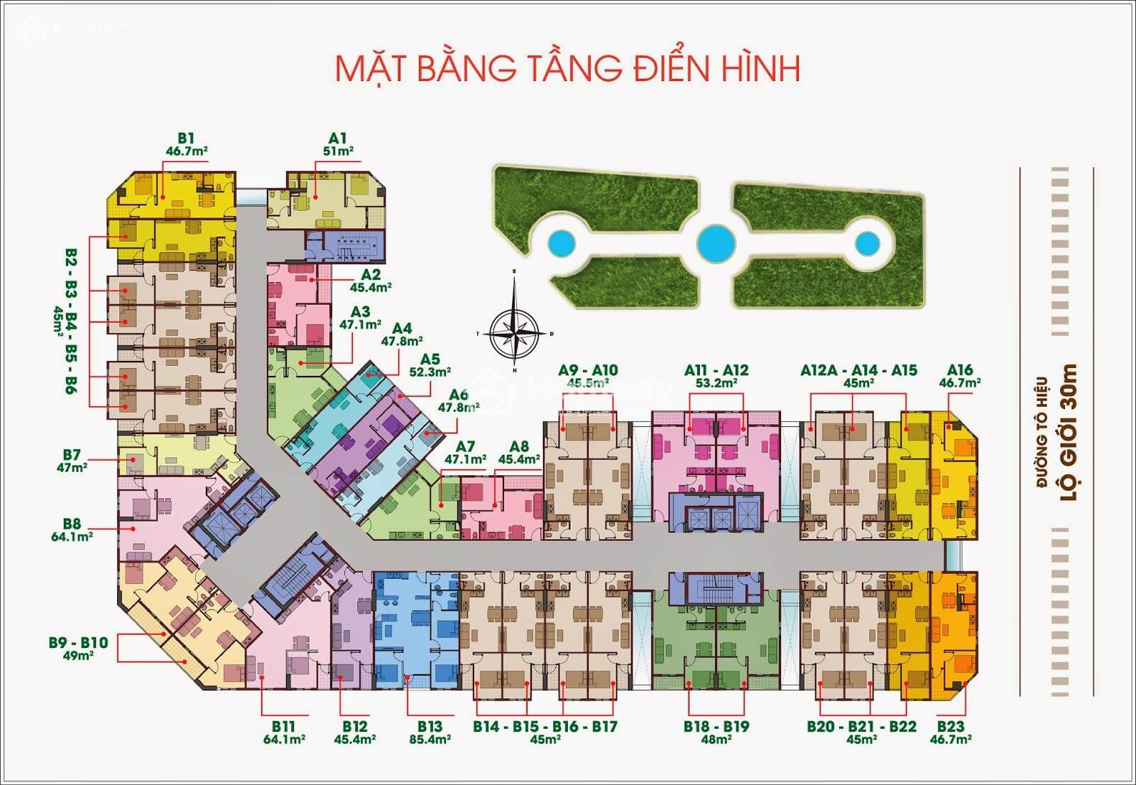 Mặt bằng gồm 2 block A-B cao 18 tầng