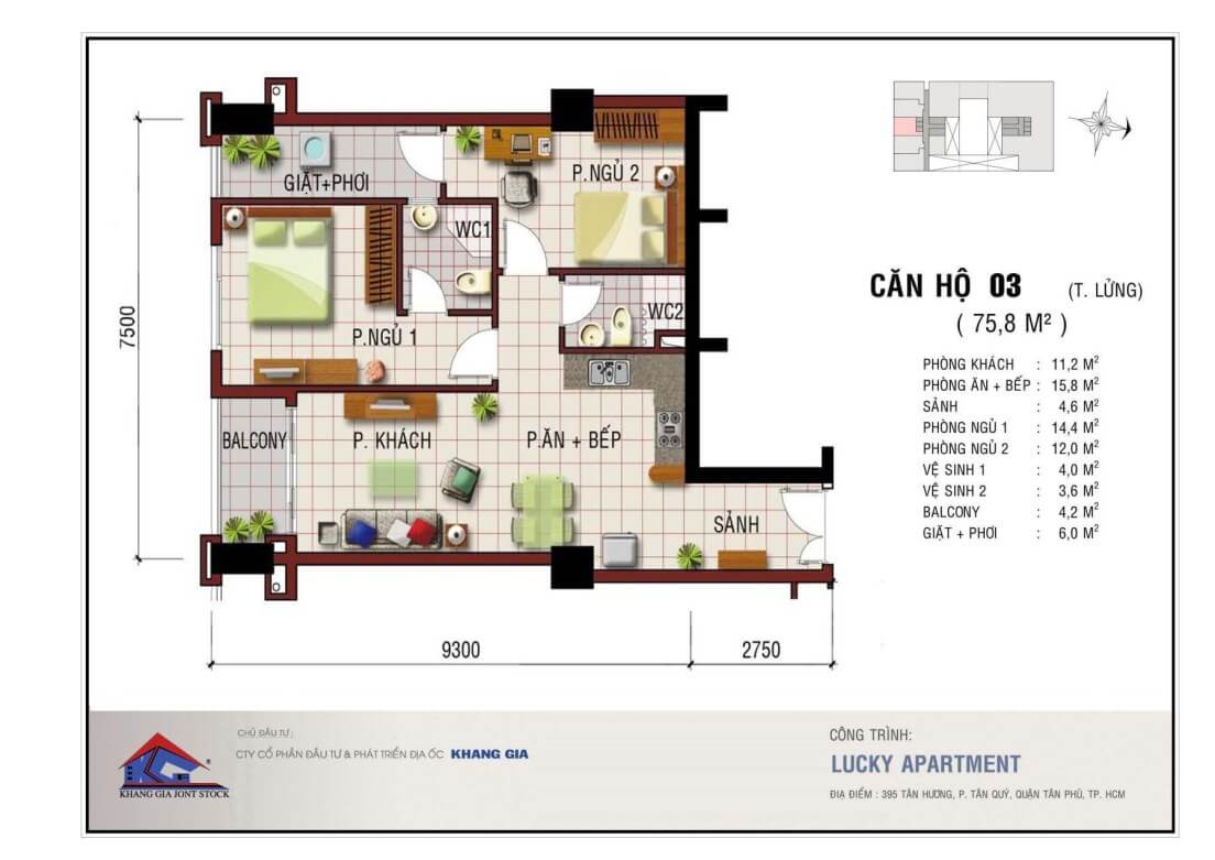 Căn 03 diện tích 75,8m2 – Thiết kế 2PN & 2WC