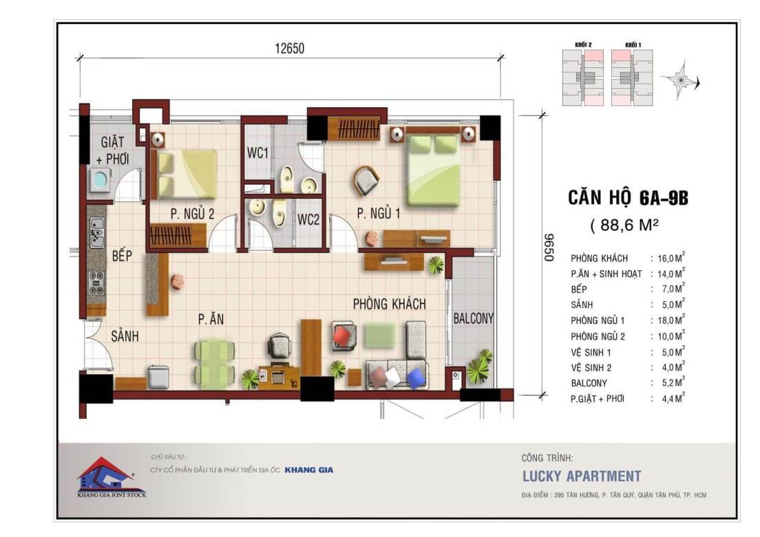 Căn 6A-9B diện tích 88,6m2 – Thiết kế 2PN & 2WC