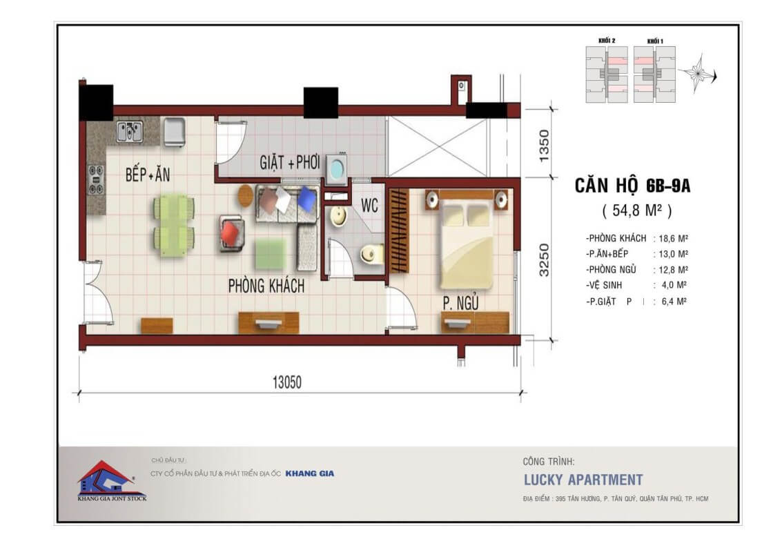 Căn 6B-9A diện tích 54,8m2 – Thiết kế 1PN & 1WC