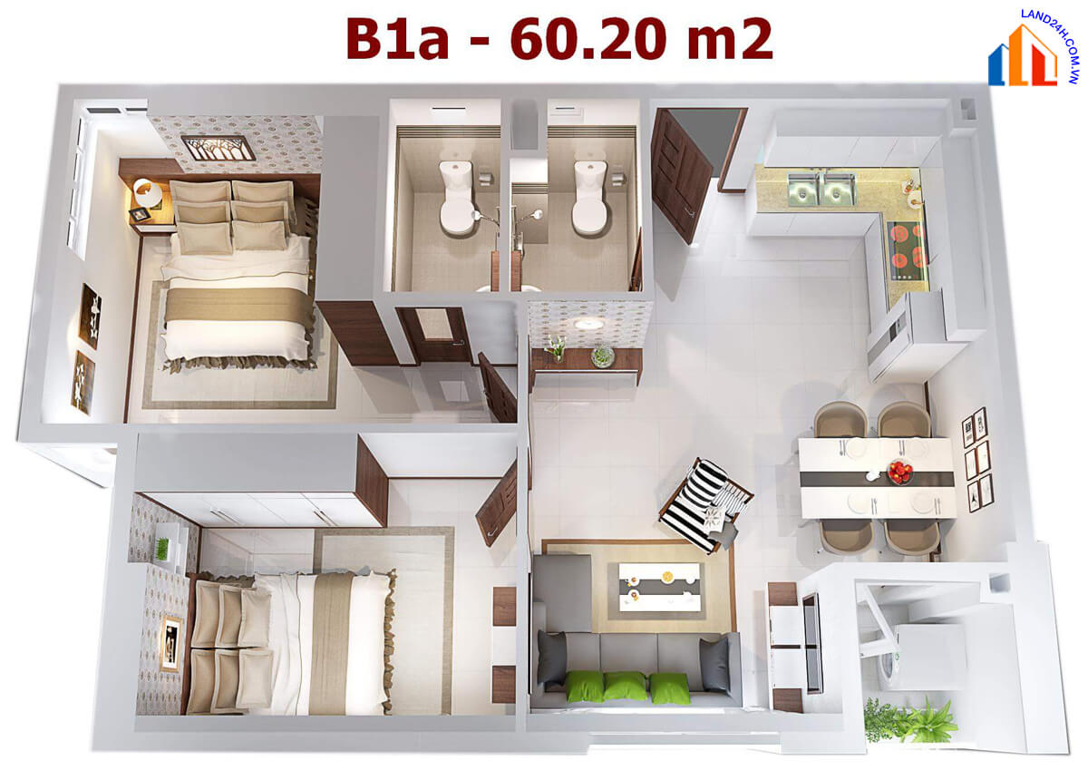 Thiết kế chi tiết căn B1a – Diện tích 60,2m2