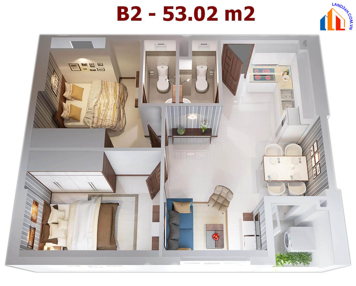 Thiết kế chi tiết căn B2 – Diện tích 53,02m2