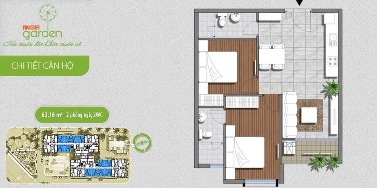 Căn 63m2 thiết kế 2PN & 2WC