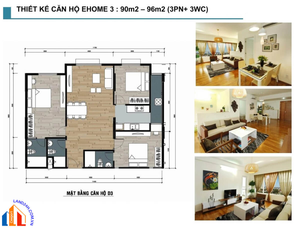 Căn 90m2 – 96m2 – Thiết kế 3PN Ehome3